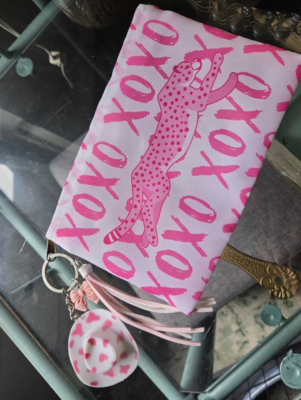 Pink XOXO Leopard Pouch with Tassel Keychain